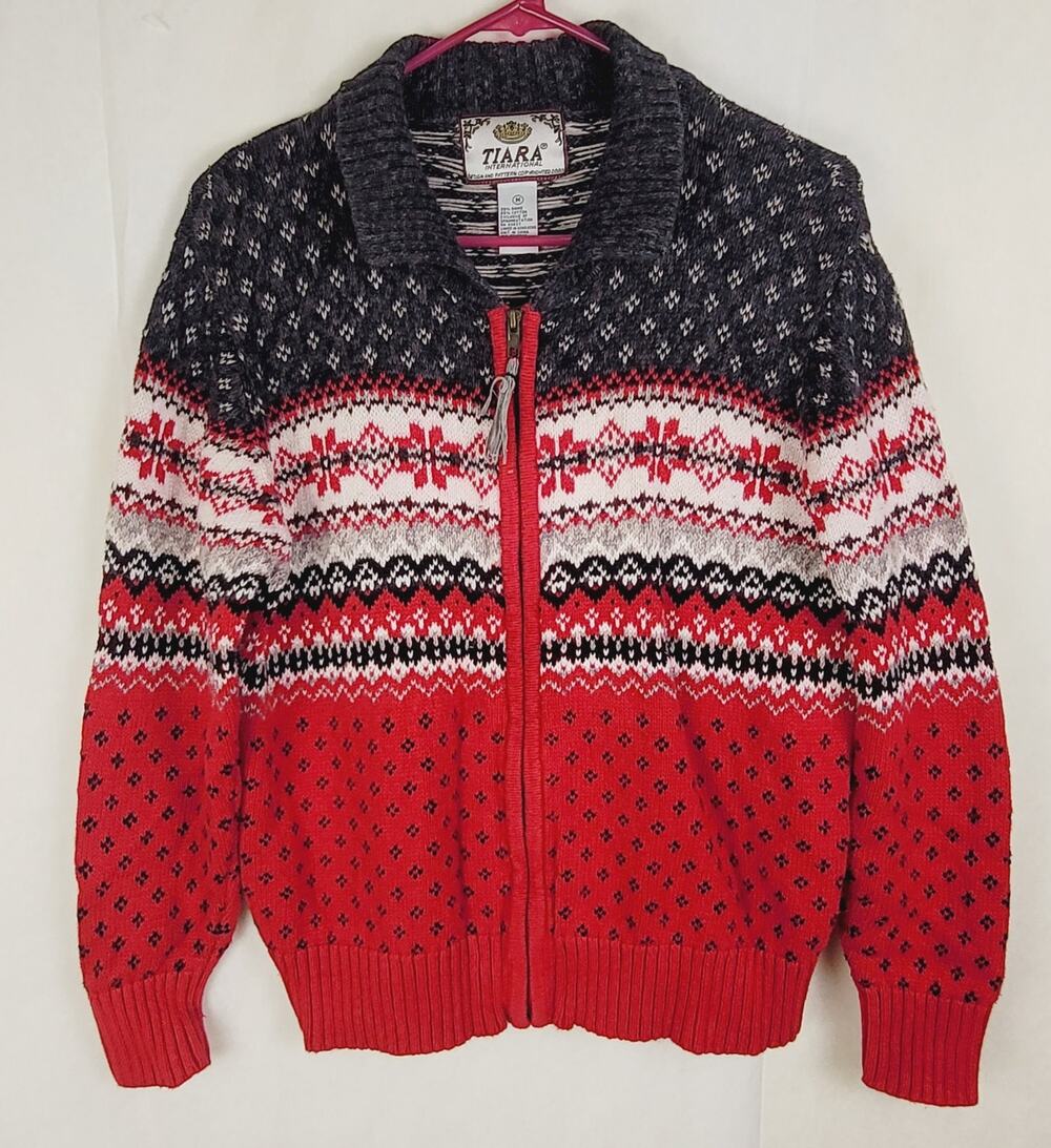 Vintage Tiara International red and black full zip cardigan Size Med Fair Isle